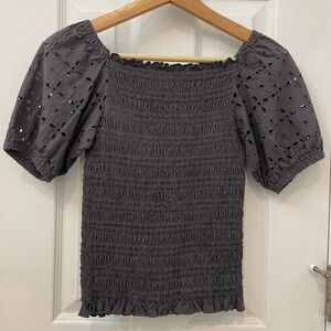 LOFT blue clinched top with puff sleeves, XXS